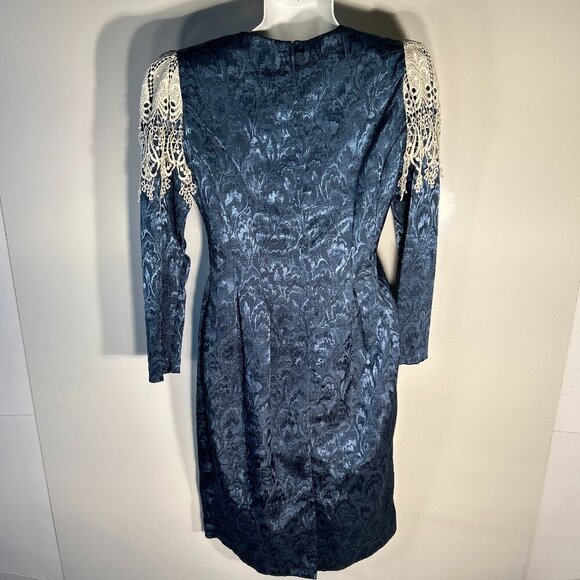 Vintage In The Mood SZ 8 Teal Satin Brocade Crochet Cape Collar Midi Dress 80's - Picture 6 of 9